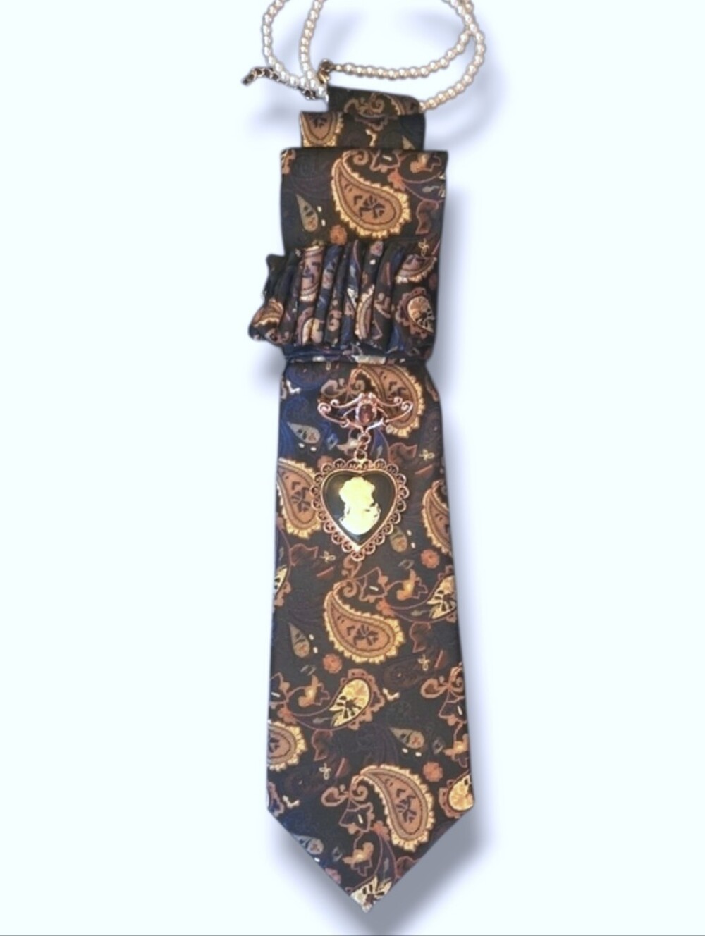 3/$60Brown Black Paisley Cravat Necklace witj Black Ivory Cameo Pendant